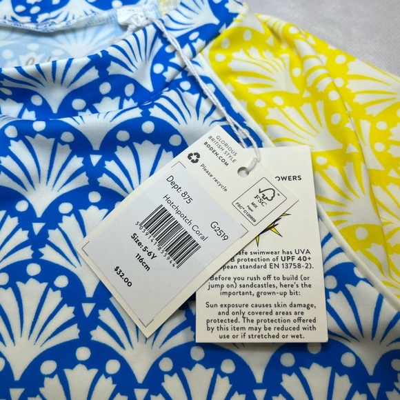 NWT Boden Girls 5-6 Years Blue and Yellow Hotchpotch Long Sleeve Swim Rash Guard - Picture 4 of 6